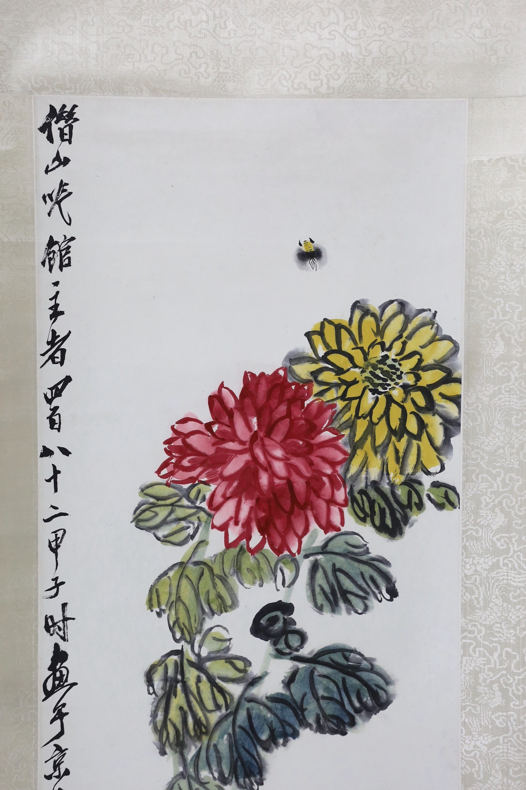 Qi Baishi (1864-1957), Bee and chrysanthemums, ink and colour on paper scroll painting, inscribed and with seal mark, Image 101cm x 33cm